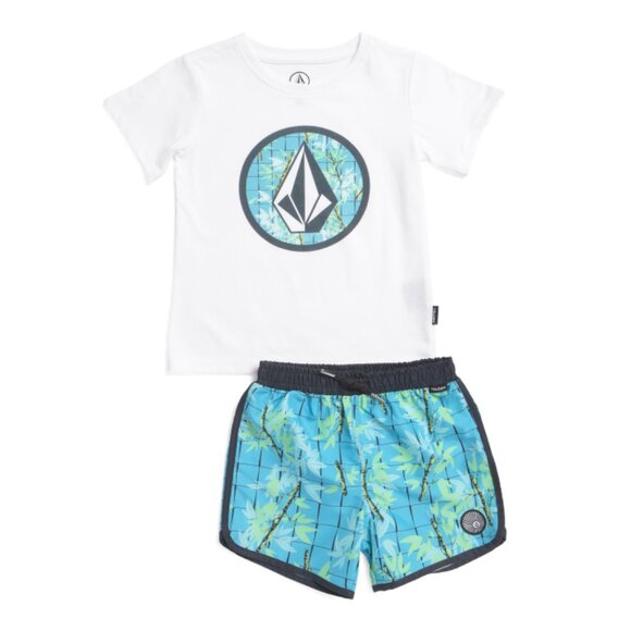 VOLCOM White Little Boys Short Sleeve Tee And Swim Trunks Set - Picture 1 of 2